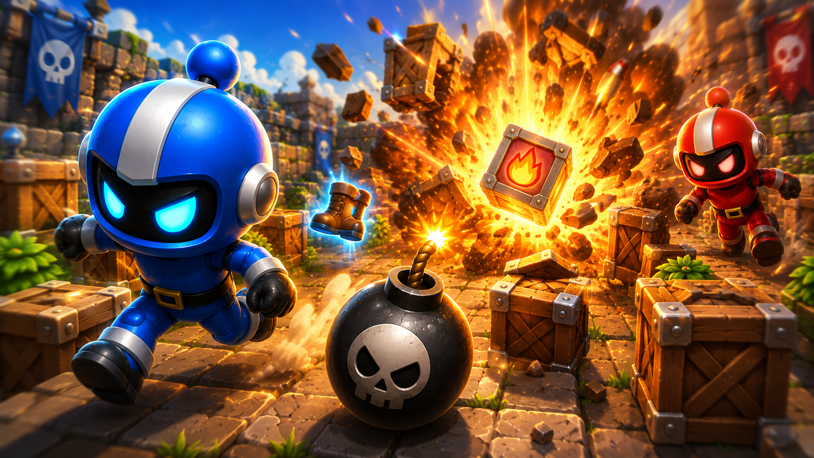 Illustrated bomb combat with heroes racing through exploding crates.