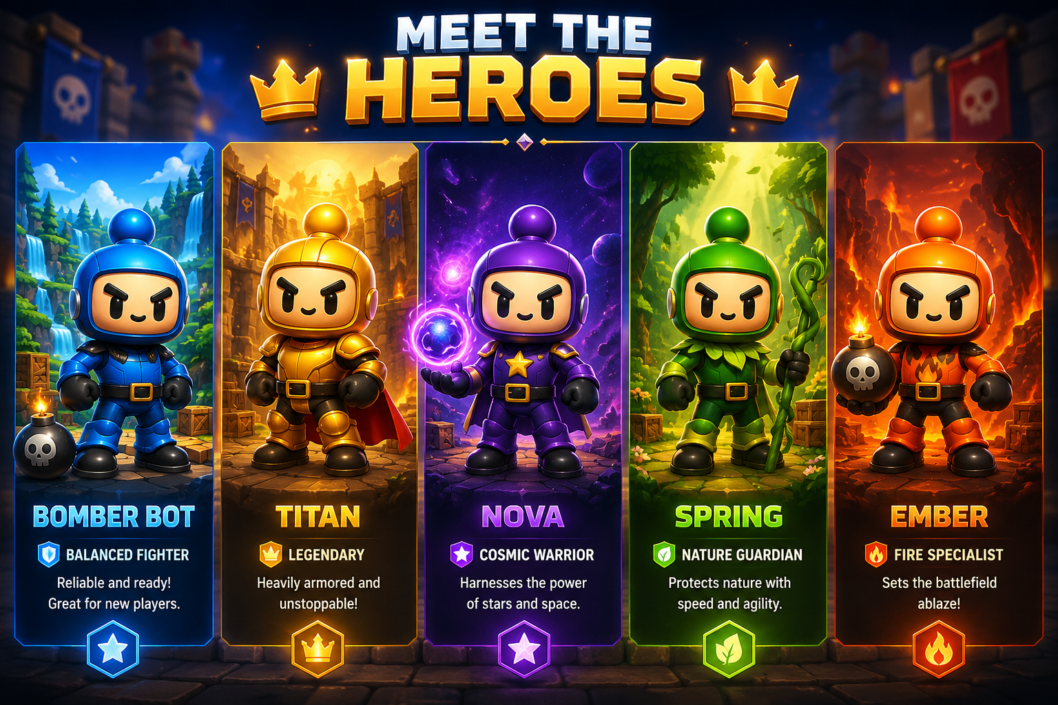 Illustrated Bomber Bot, Titan, Nova, Spring, and Ember hero lineup.