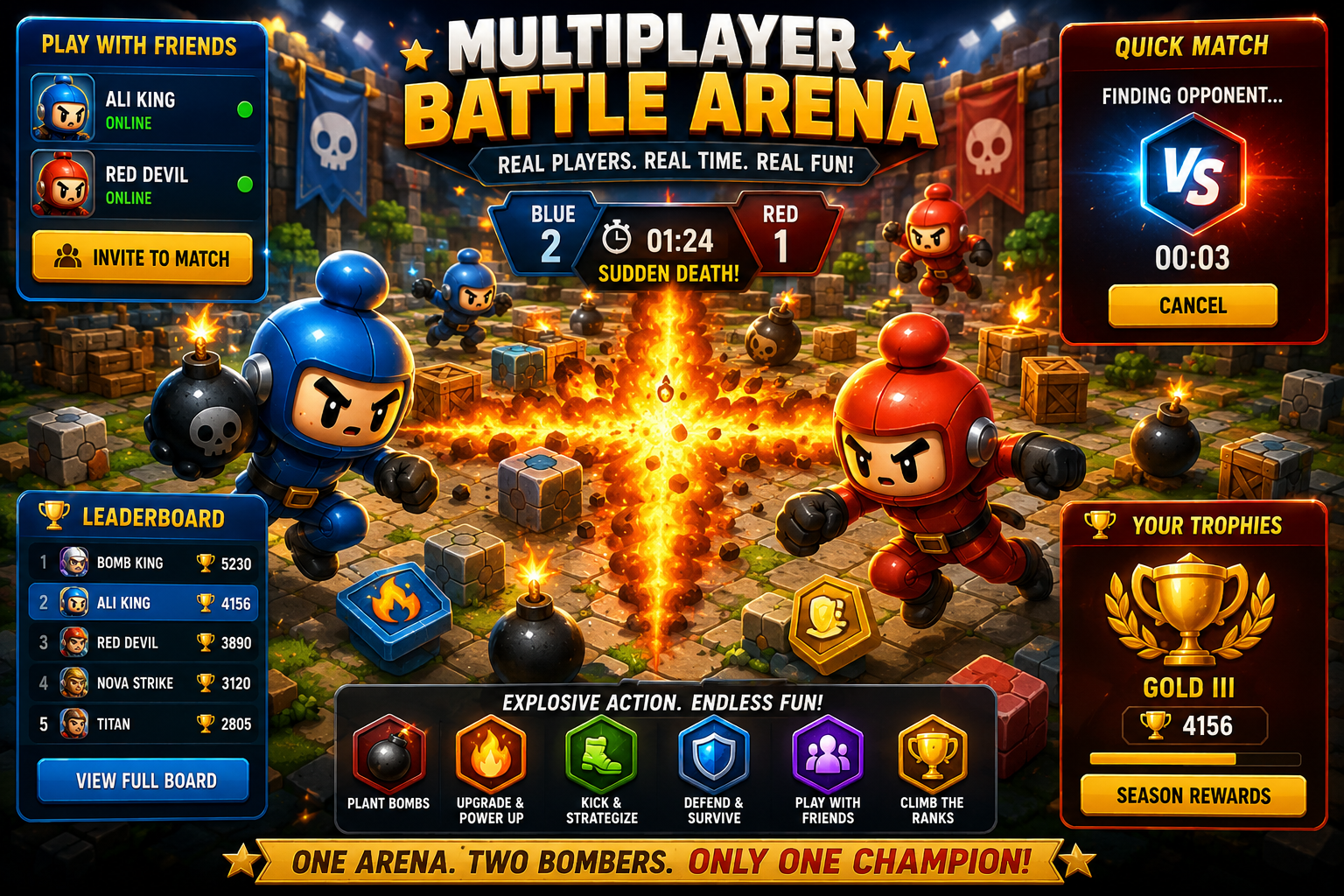 Cinematic concept art celebrating multiplayer bomb-arena rivalry.