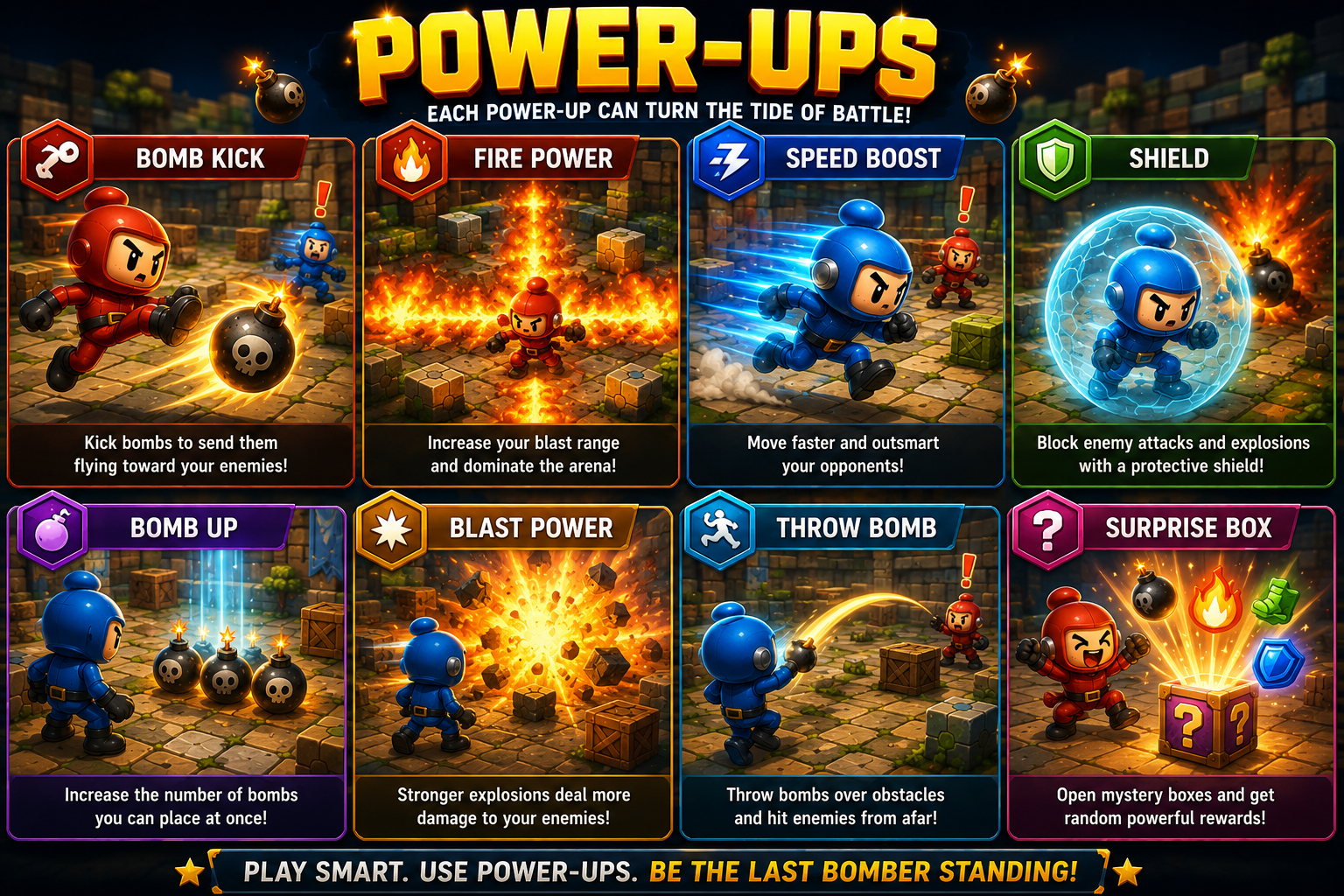 Illustrated power-up collection for bomb count, blast strength, speed, shield, kick, and mystery rewards.