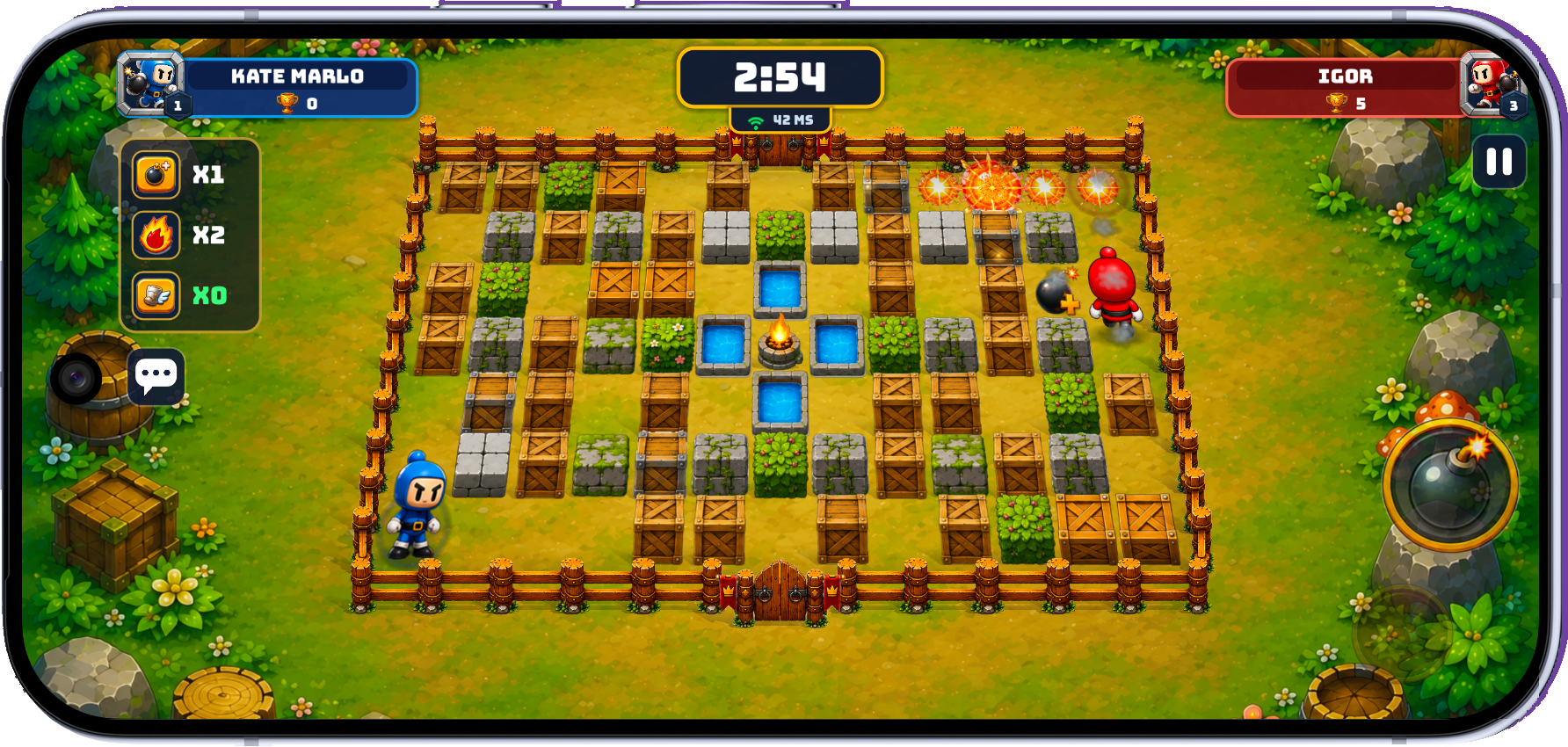 Live online 1v1 duel with timer, ping, stats, bombs, crates, and chain explosions.