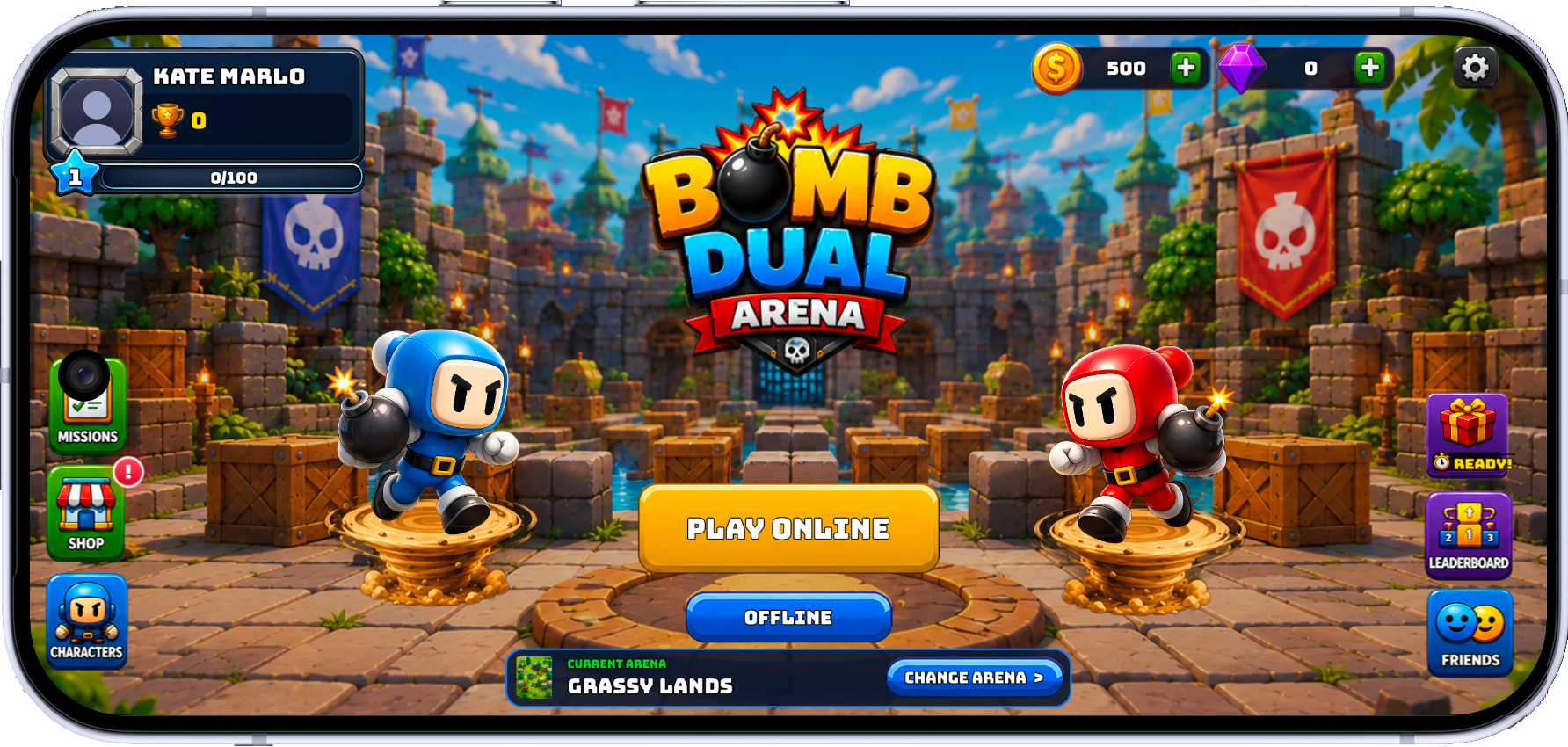 Main menu with online play, offline story, missions, shop, characters, leaderboard, and friends.
