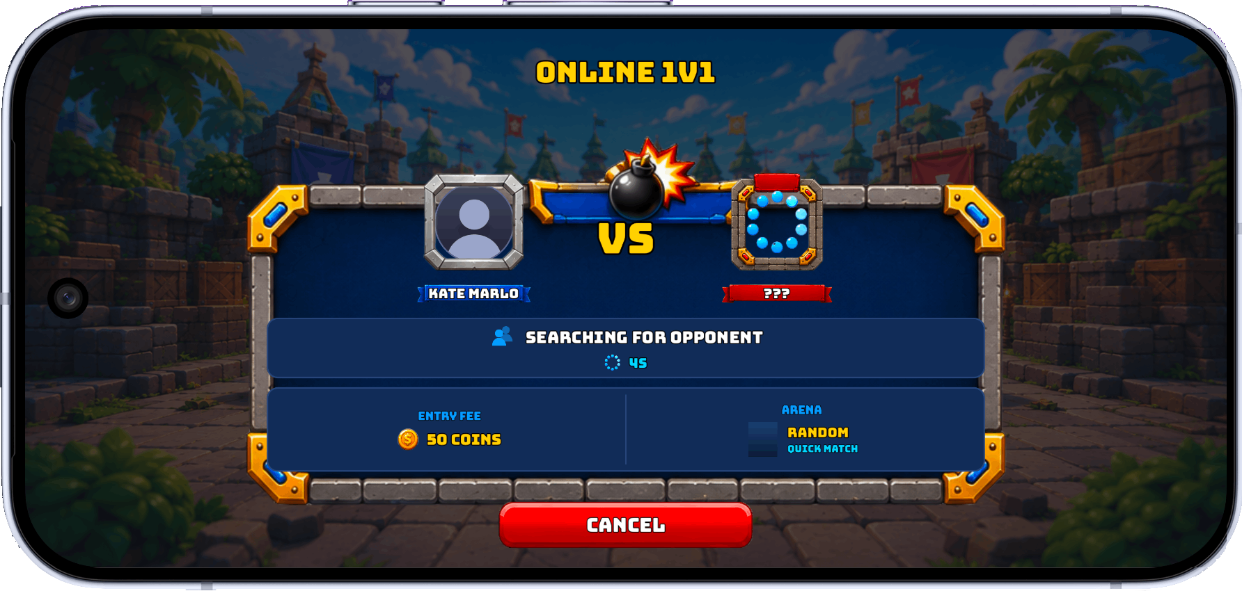 Online 1v1 matchmaking screen with entry fee and arena selection.