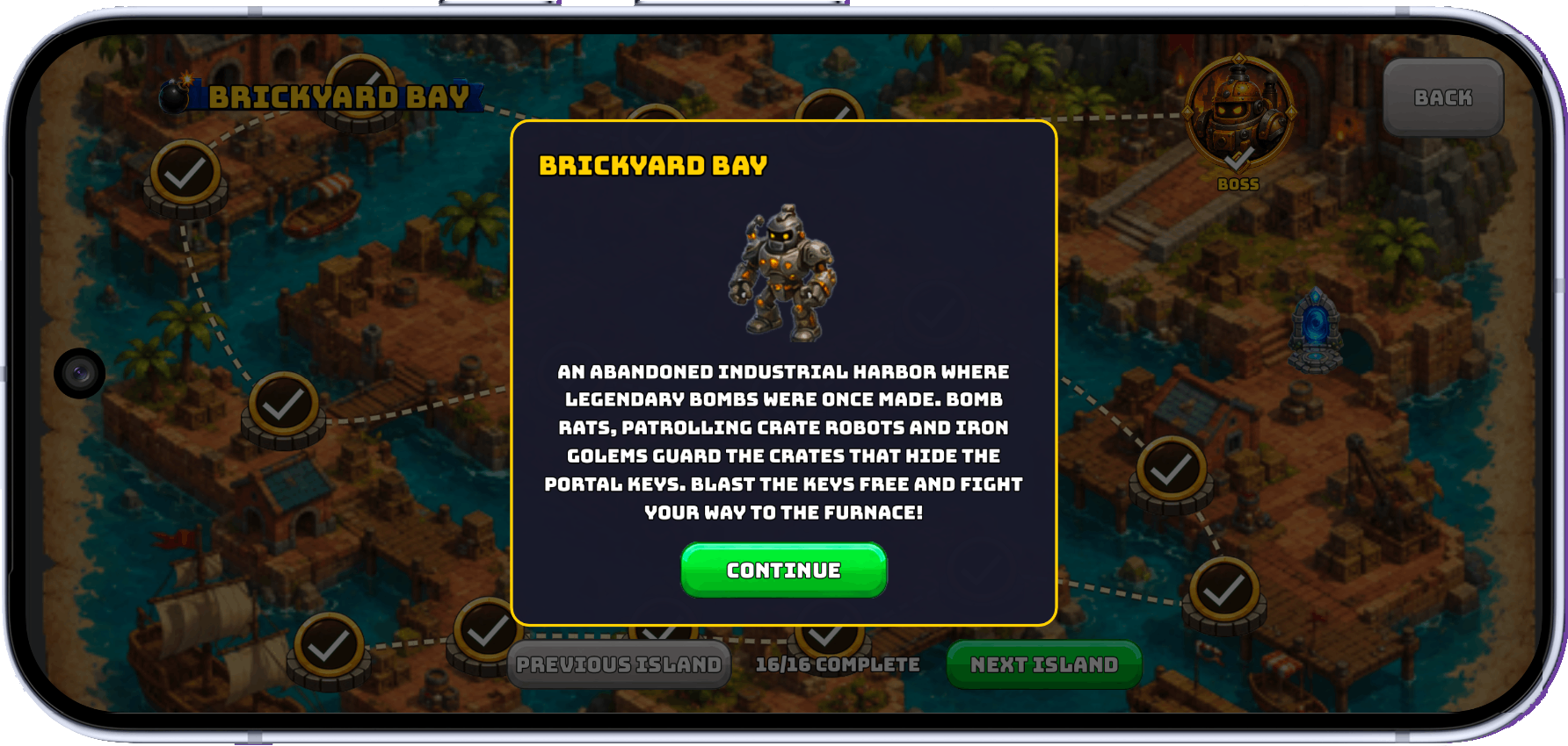 Brickyard Bay story introduction over its island map.
