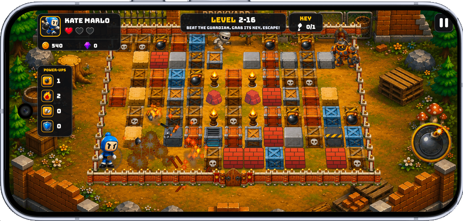 Brickyard guardian fight with hearts, portal-key objective, bombs, and breakable crates.