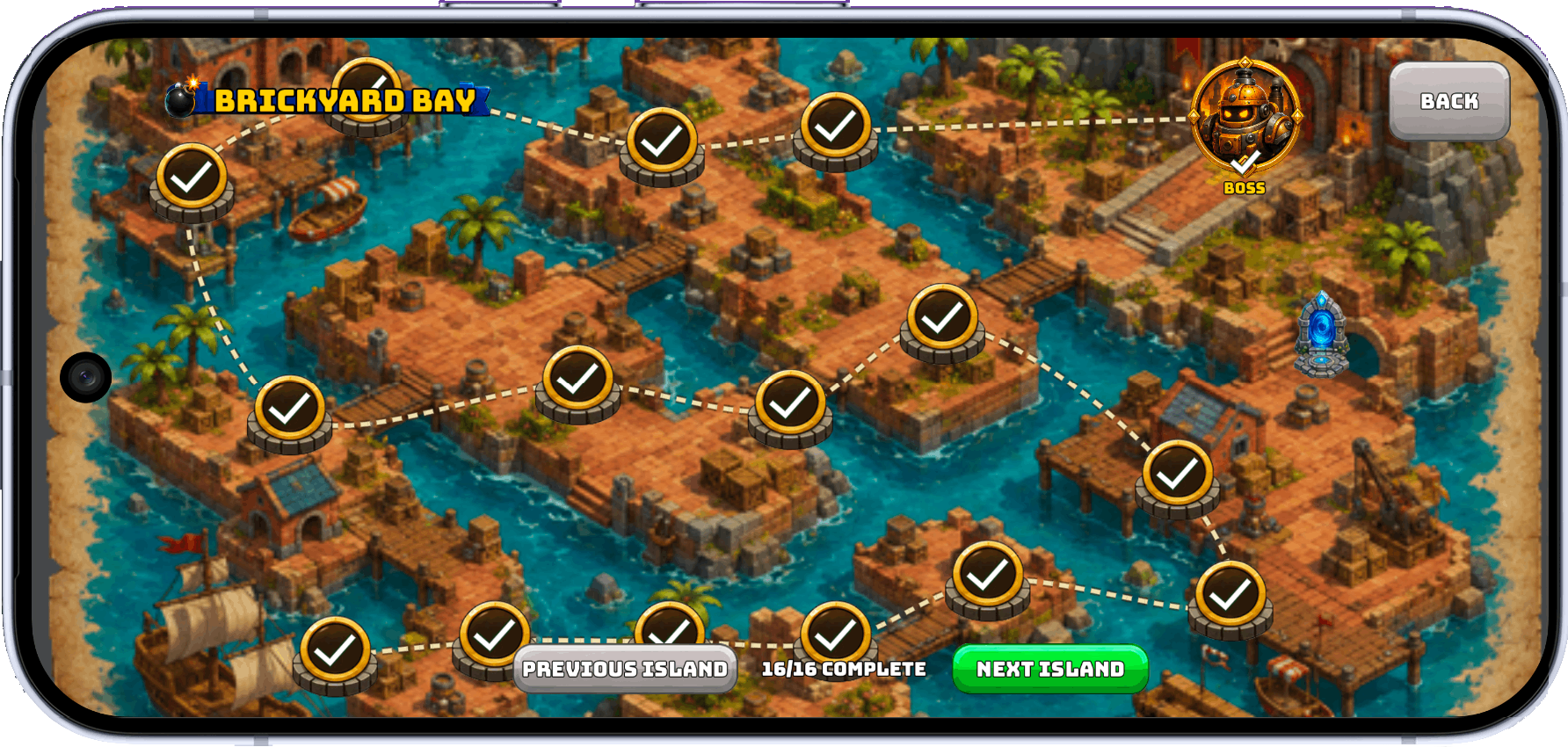 Completed Brickyard Bay story map with sixteen connected stages and a boss gate.